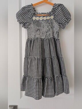 Iris & Ivy Black & White Gingham Smocked Dress with Daisy Trim